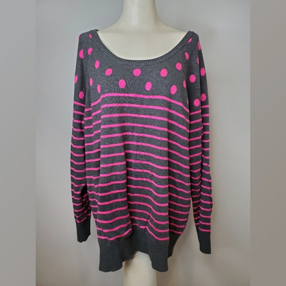 Torrid Fushia and Gray Polka Dot and Stripe Swtr - Picture 1 of 3